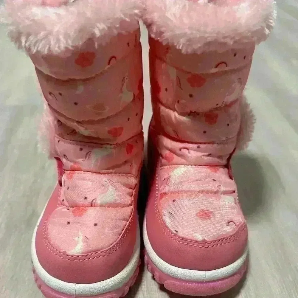 Merence Winter Snow Boots Girls Size 23 US 7 Pink Unicorn Furry Trim Cozy Warm P